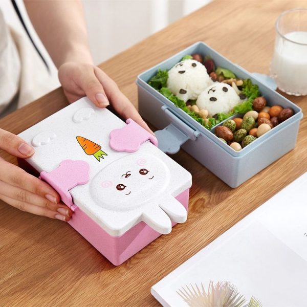 Cartoon Wheat Straw Bento Box Children Going Out Division Complementary Food Box Environmentally Friendly Healthy Office Worker Student Lunch Box (Blue) - Image 5