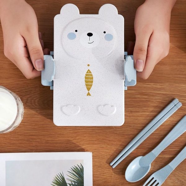 Cartoon Wheat Straw Bento Box Children Going Out Division Complementary Food Box Environmentally Friendly Healthy Office Worker Student Lunch Box (Blue) - Image 6
