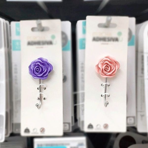 Bathroom Non-perforated Rose Hook Non-marking Resin Adhesive Hook (Pink Rose) - Image 5