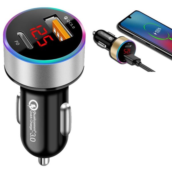 Aluminum Alloy Digital Display PD+QC3.0 Car Charger Multifunctional Car Charger (Snowflake Silver)