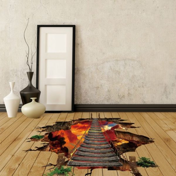 3D Flame Mountain Cable Bridge PVC Removable Floor Stickers - Image 2