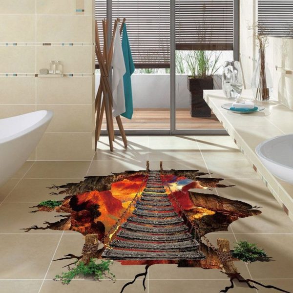 3D Flame Mountain Cable Bridge PVC Removable Floor Stickers - Image 5