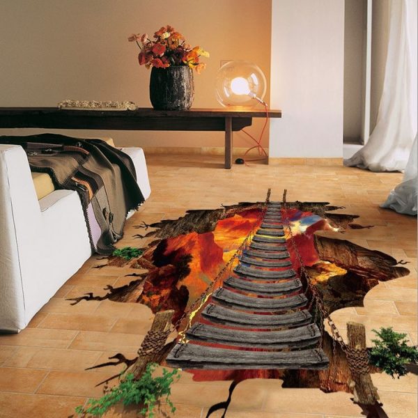 3D Flame Mountain Cable Bridge PVC Removable Floor Stickers - Image 9