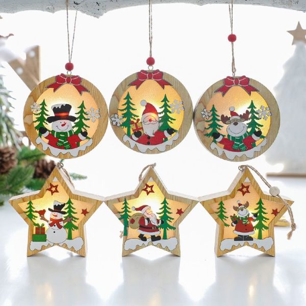 Christmas Decoration Wooden Luminous Pendant Christmas Tree Decoration Accessories, Style: Round (Santa) - Image 3