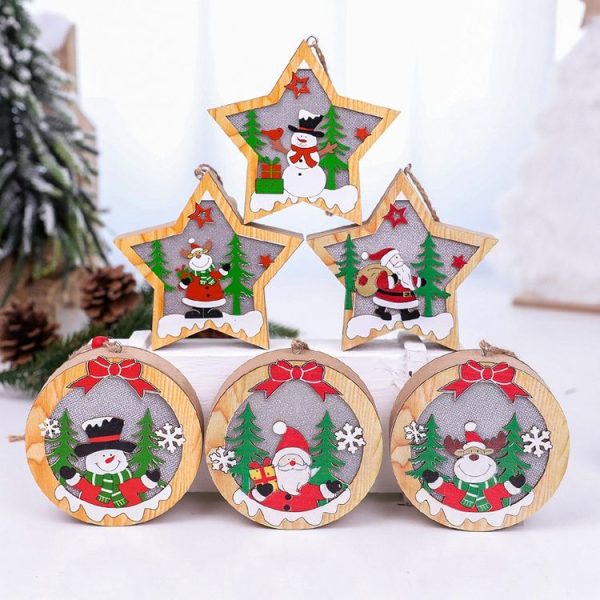 Christmas Decoration Wooden Luminous Pendant Christmas Tree Decoration Accessories, Style: Round (Santa) - Image 4