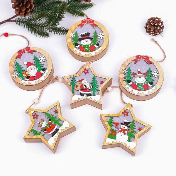 Christmas Decoration Wooden Luminous Pendant Christmas Tree Decoration Accessories, Style: Round (Santa) - Image 5