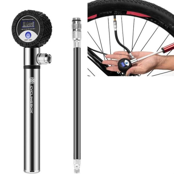 CYCLINGBOX Manual Bicycle Pump Portable LCD Digital Display Tire Pressure Dial Pump (Silver)