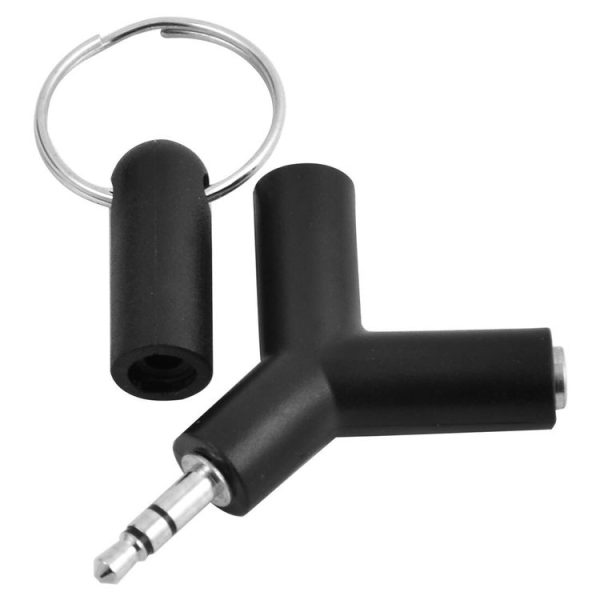 Mini Y Shaped 3.5mm Male to Double 3.5mm Female Jack Audio Headset Adapter Connector Keychain (Black)
