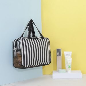 Unisex Stripe Waterproof Bath Cosmetic Storage Bag Travel Bag (Black)