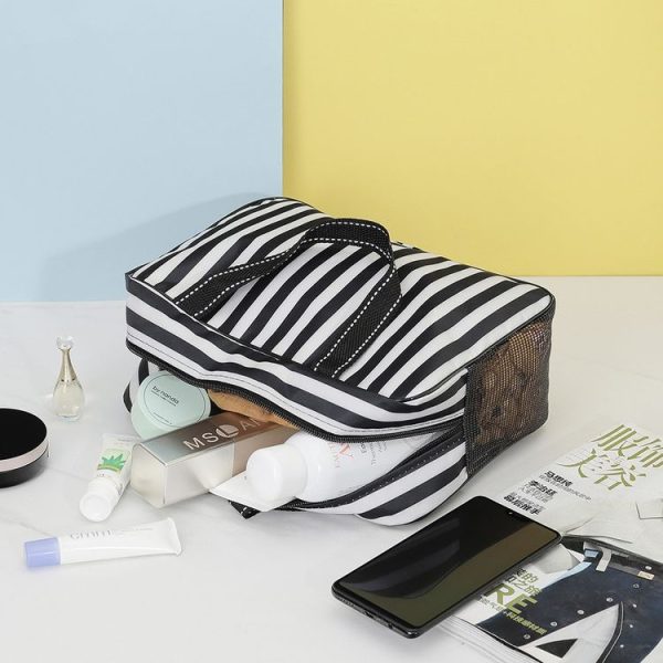 Unisex Stripe Waterproof Bath Cosmetic Storage Bag Travel Bag (Black) - Image 5