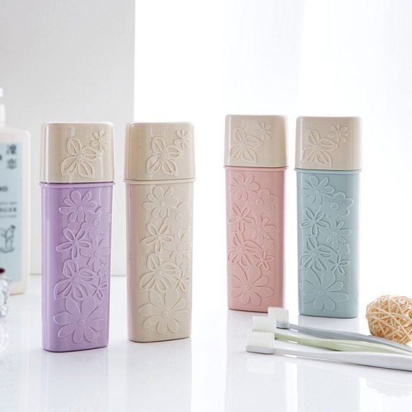 Portable Flower Carved Toothbrush Holder Outdoor Toothrush Cap Case Toothpaste Storage Box Wash Cup (Beige) - Image 2