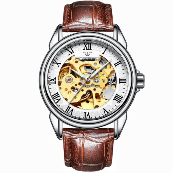 FNGEEN 8866 Men Waterproof Watch Fashion Double-Sided Hollow Automatic Mechanical Watch (Leather Stainless Steel White Surface)