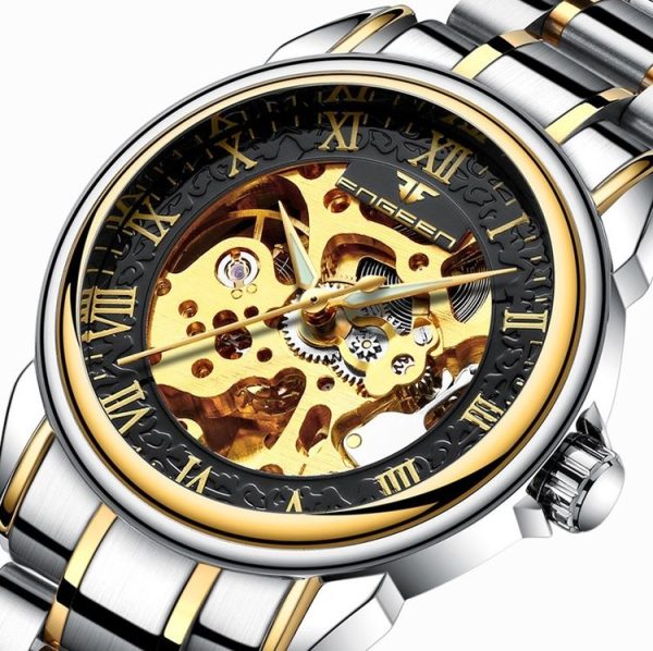 FNGEEN 8866 Men Waterproof Watch Fashion Double-Sided Hollow Automatic Mechanical Watch (Leather Stainless Steel White Surface) - Image 3