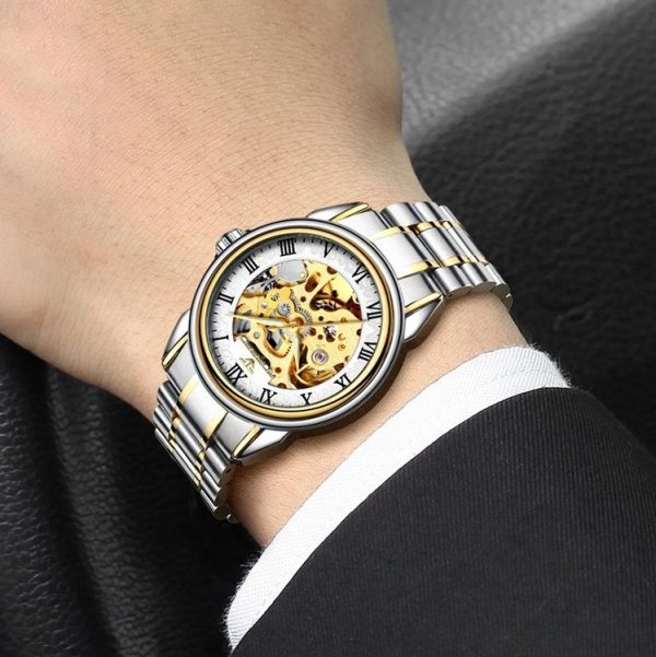 FNGEEN 8866 Men Waterproof Watch Fashion Double-Sided Hollow Automatic Mechanical Watch (Leather Stainless Steel White Surface) - Image 7