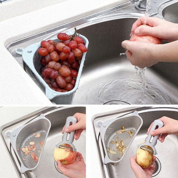 Kitchen Vegetable Rack Household Sink Drain Rack Triangle Storage Hanger Free Punch Tray Hanging Basket (Gray) - Image 10