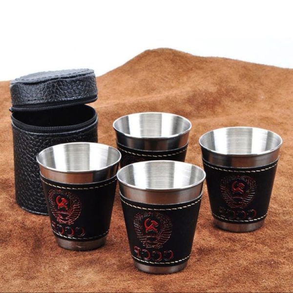 4 in 1 70ml Outdoor Camping Tableware Travel Cups Set Picnic Supplies Stainless Steel Wine Beer Cup Whiskey Mugs PU Leather - Image 2