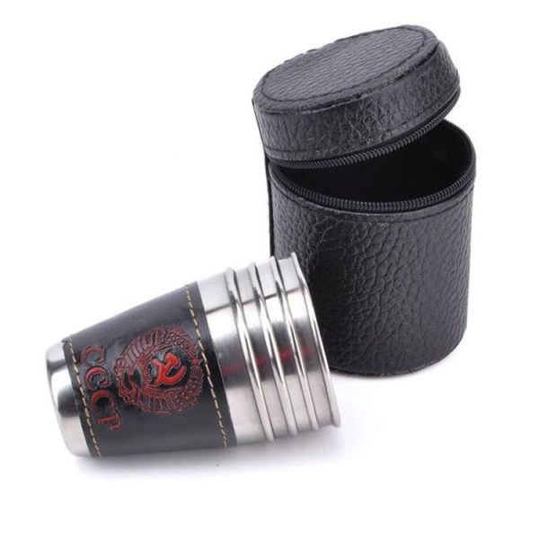 4 in 1 70ml Outdoor Camping Tableware Travel Cups Set Picnic Supplies Stainless Steel Wine Beer Cup Whiskey Mugs PU Leather - Image 5
