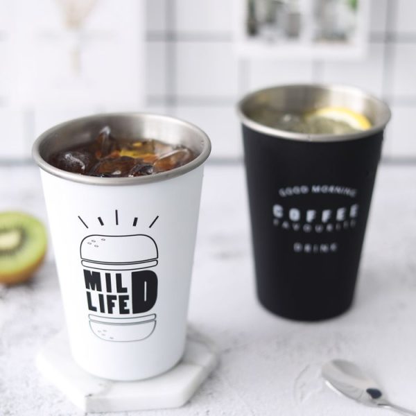 Black White Stainless Steel Silicone Mugs Hand Cup With Straw Lid Cup Sleeve Tea Milk Cups Home Office School Gift, Capacity: 301-400ml (Hamburger White) - Image 6