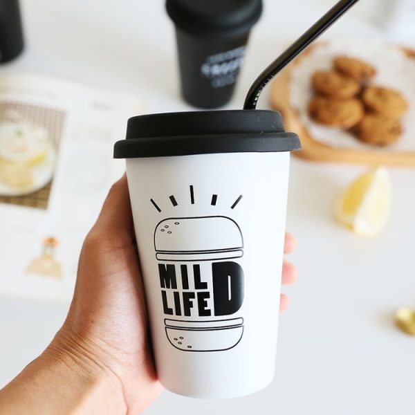 Black White Stainless Steel Silicone Mugs Hand Cup With Straw Lid Cup Sleeve Tea Milk Cups Home Office School Gift, Capacity: 301-400ml (Hamburger White) - Image 9