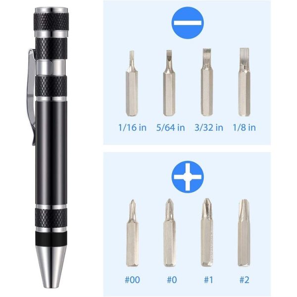 8 In 1 Multifunctional Mini Aluminum Tool Pen Screwdriver Set (Black) - Image 3