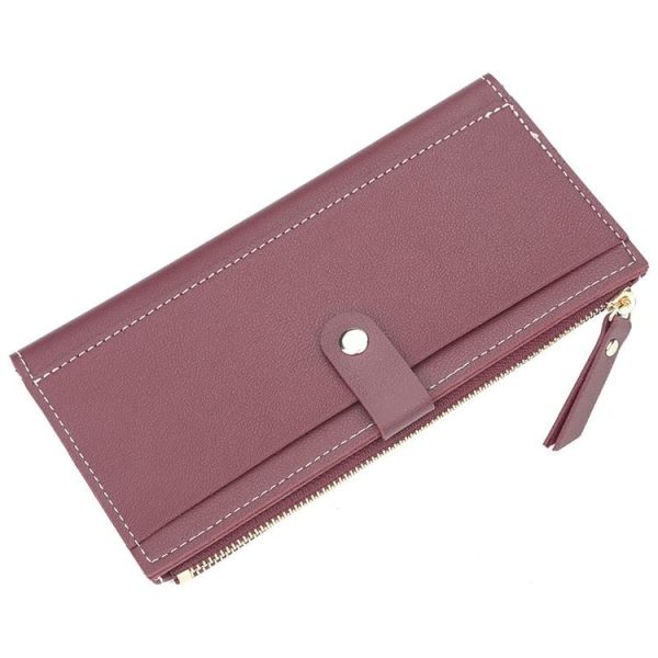 Long Women Hasp Leather Clutch Coin Purse Wallets (Wine Red)