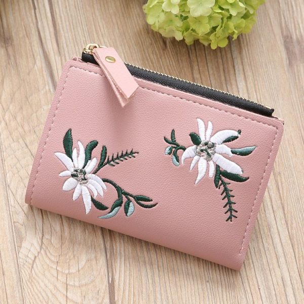 Embroidery Short Wallet PU Leather Wallets Female Floral Hasp Coin Purse Zipper Bag Card Holders (Light Pink)