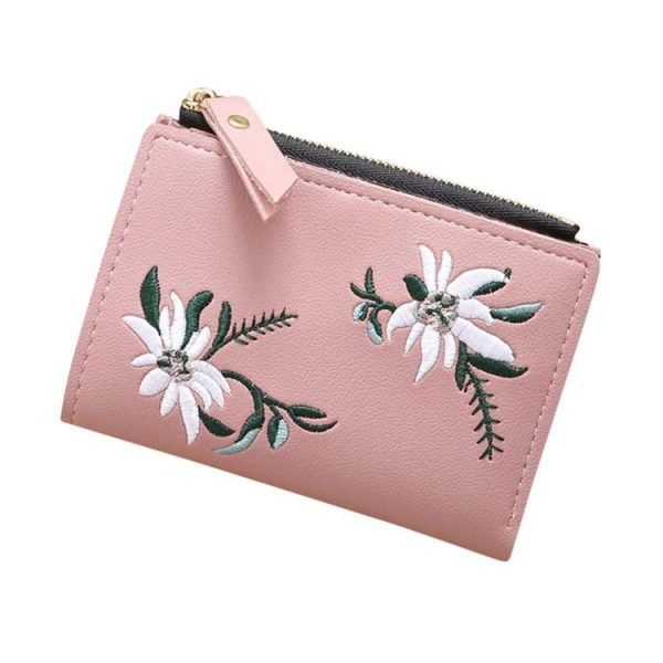 Embroidery Short Wallet PU Leather Wallets Female Floral Hasp Coin Purse Zipper Bag Card Holders (Light Pink) - Image 2