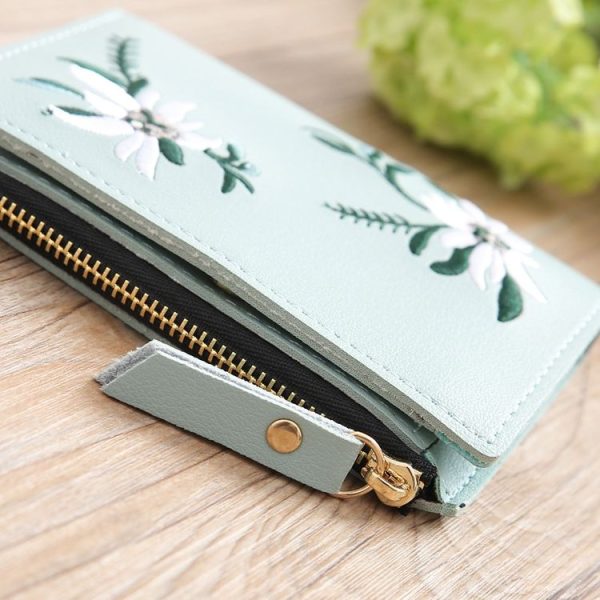 Embroidery Short Wallet PU Leather Wallets Female Floral Hasp Coin Purse Zipper Bag Card Holders (Light Pink) - Image 4