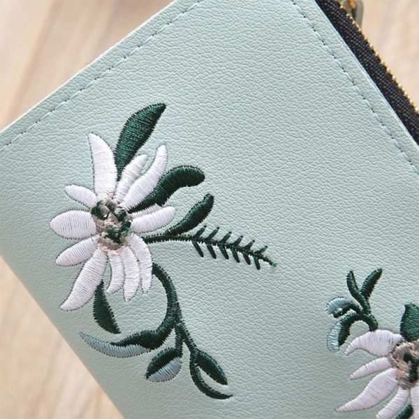 Embroidery Short Wallet PU Leather Wallets Female Floral Hasp Coin Purse Zipper Bag Card Holders (Light Pink) - Image 5