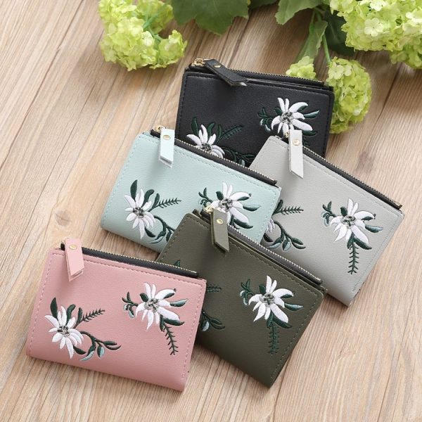 Embroidery Short Wallet PU Leather Wallets Female Floral Hasp Coin Purse Zipper Bag Card Holders (Light Pink) - Image 7