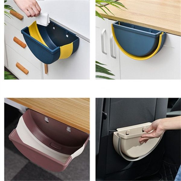 Household Kitchen Office Car Free Punch Hanging Foldable Trash Bin (Beige) - Image 5
