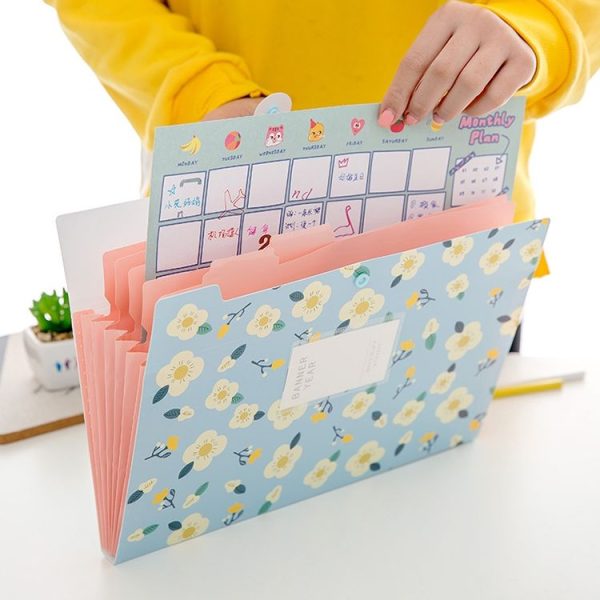 Office Small Fresh Flowers Multi-layer Folder PVC Folder (Green) - Image 5
