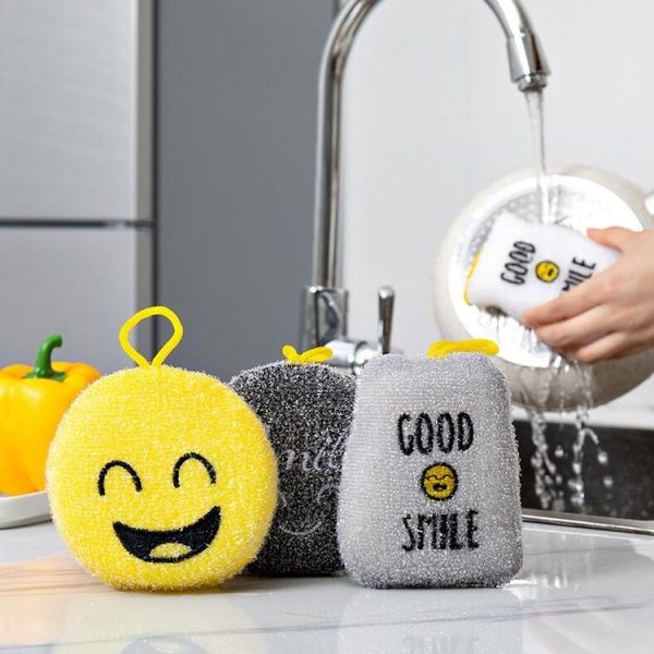 4 PCS / Set Cartoon Smiley Dishwashing Sponge Wipe Kitchen Double-sided Scouring Pad, Style: Acupuncture Rub