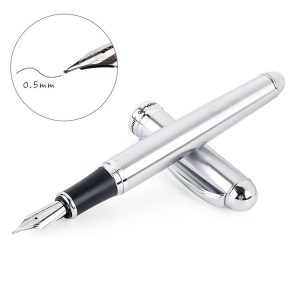 X750 Stationery Stainless Steel Fountain Pen Medium Nib Ink Pens School Oiifice Gift, Nib Size: 0.5mm (Silver)