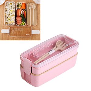 750ml Healthy Material Wheat Straw 2 Layer Lunch Box Dinnerware Food Storage Bento Container Microwave Lunchbox (Pink)