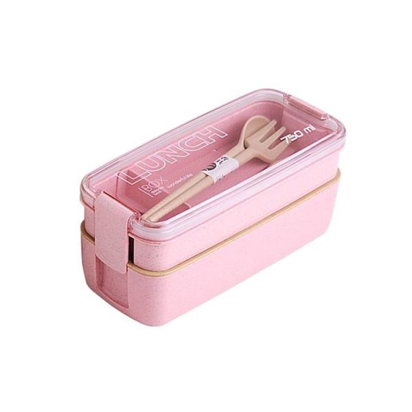 750ml Healthy Material Wheat Straw 2 Layer Lunch Box Dinnerware Food Storage Bento Container Microwave Lunchbox (Pink) - Image 2