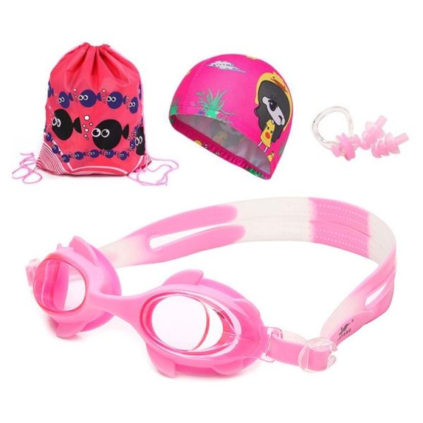 4 in 1 Cartoon Little Crab Waterproof and Anti-fog Silicone Swimming Goggles + Printed Pattern Swimming Cap + Nose Clip Earplugs + Storage Bag Swimming Equipment Set for Children (Pink Fish)