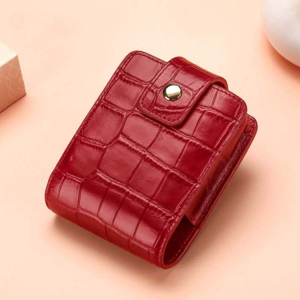 Simple Cowhide Crocodile Pattern Lipstick Bag Storage Portable Makeup Bag With Mirror (Red Wine)