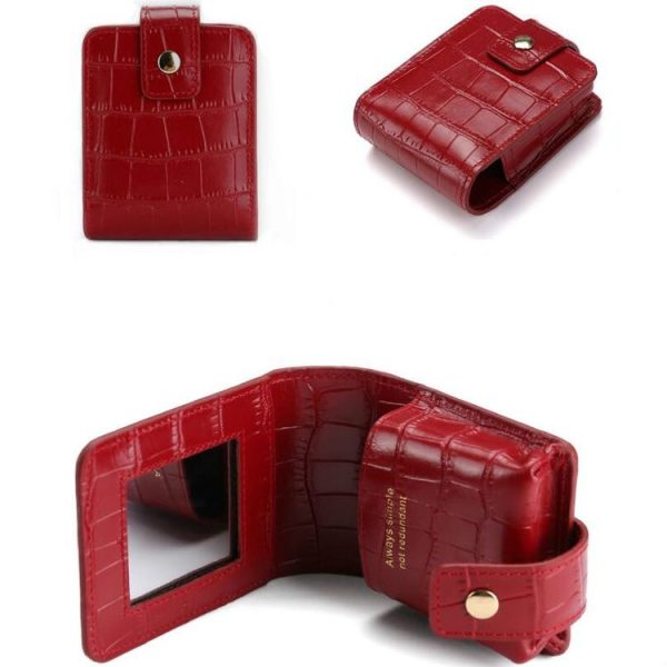 Simple Cowhide Crocodile Pattern Lipstick Bag Storage Portable Makeup Bag With Mirror (Red Wine) - Image 2