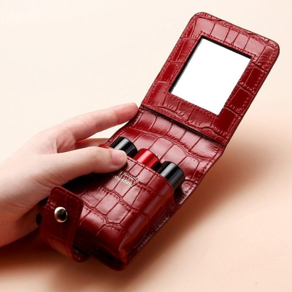 Simple Cowhide Crocodile Pattern Lipstick Bag Storage Portable Makeup Bag With Mirror (Red Wine) - Image 3