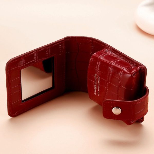 Simple Cowhide Crocodile Pattern Lipstick Bag Storage Portable Makeup Bag With Mirror (Red Wine) - Image 4