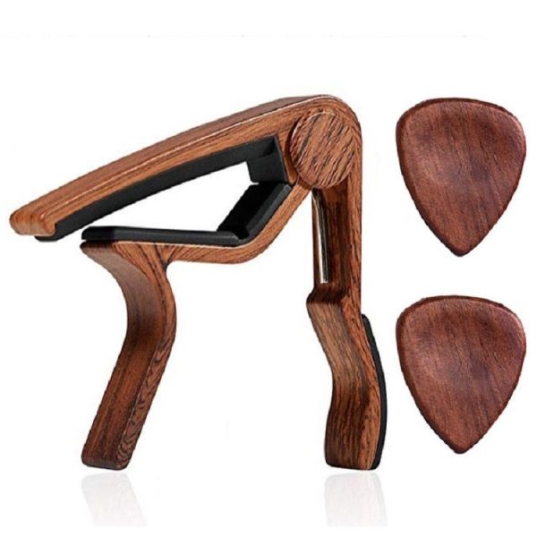 2 in 1 Solid Wood Folk Music Guitar Capo + Pick Set (Dark Wood) - Image 2