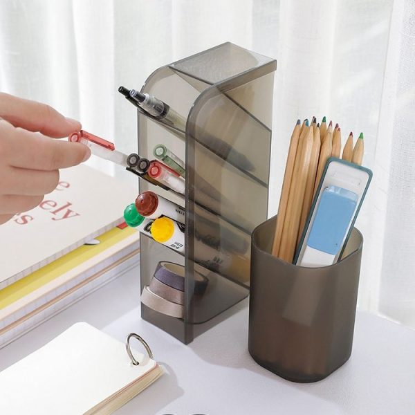 2 PCS Multi-function 4 Grid Desktop Pen Holder Office School Storage Case Clear Plastic Box Desk Pencil Organizer (Grey Diagonal Insert) - Image 6