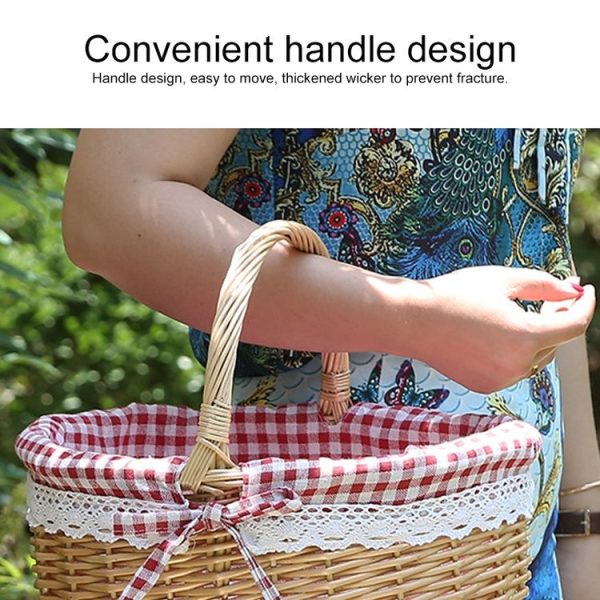 Hand-woven Picnic Basket Sackcloth Rattan Storage Basket, Specification: Small (Primary Color Red Check Cloth) - Image 6