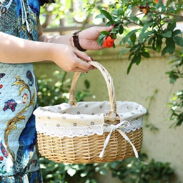Hand-woven Picnic Basket Sackcloth Rattan Storage Basket, Specification: Small (Primary Color Red Check Cloth) - Image 7