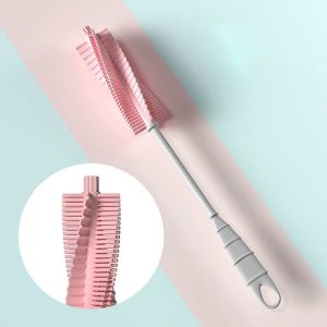 Silicone Baby Bottle Long Handle Cup Cleaning Brush 360 Degree Rotating Bottle Brush (Pink)
