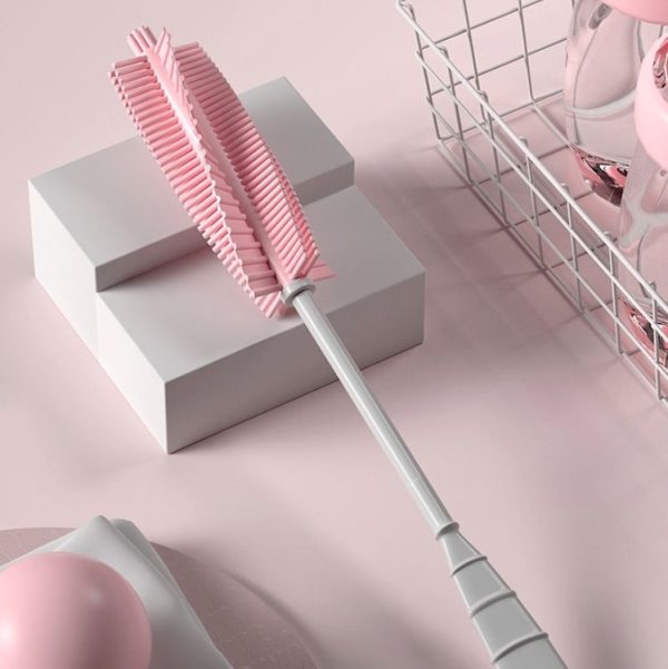 Silicone Baby Bottle Long Handle Cup Cleaning Brush 360 Degree Rotating Bottle Brush (Pink) - Image 2