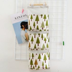 Printing Pattern Cotton Linen Hanging Storage Bag 3 Pockets Wall Mounted Wardrobe Hang Bag Wall Pouch (Tree)