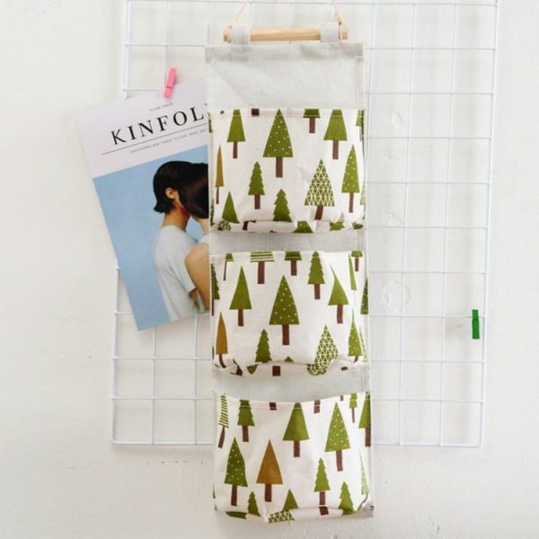 Printing Pattern Cotton Linen Hanging Storage Bag 3 Pockets Wall Mounted Wardrobe Hang Bag Wall Pouch (Tree) - Image 2
