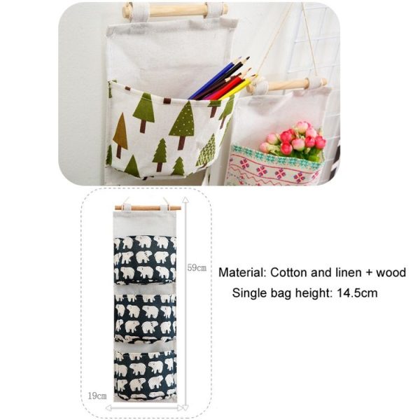 Printing Pattern Cotton Linen Hanging Storage Bag 3 Pockets Wall Mounted Wardrobe Hang Bag Wall Pouch (Tree) - Image 3